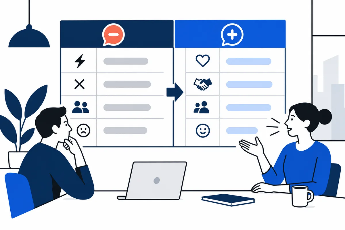 Flat illustration of two people seated at a table with a laptop, comparing two wall panels of icons and blank lines connected by an arrow. One person gestures while speaking.