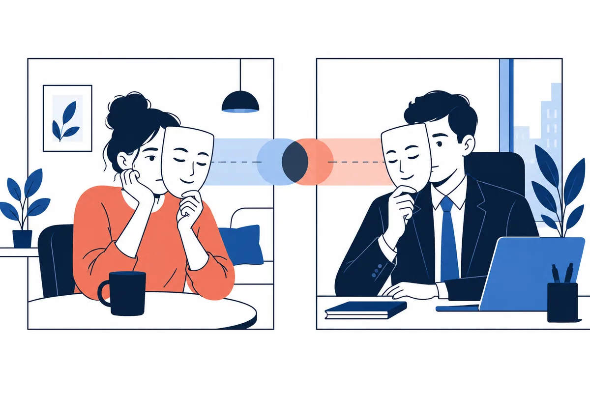 Two framed scenes show a woman and a man holding smiling masks in front of their faces, linked by overlapping blue and coral bands.