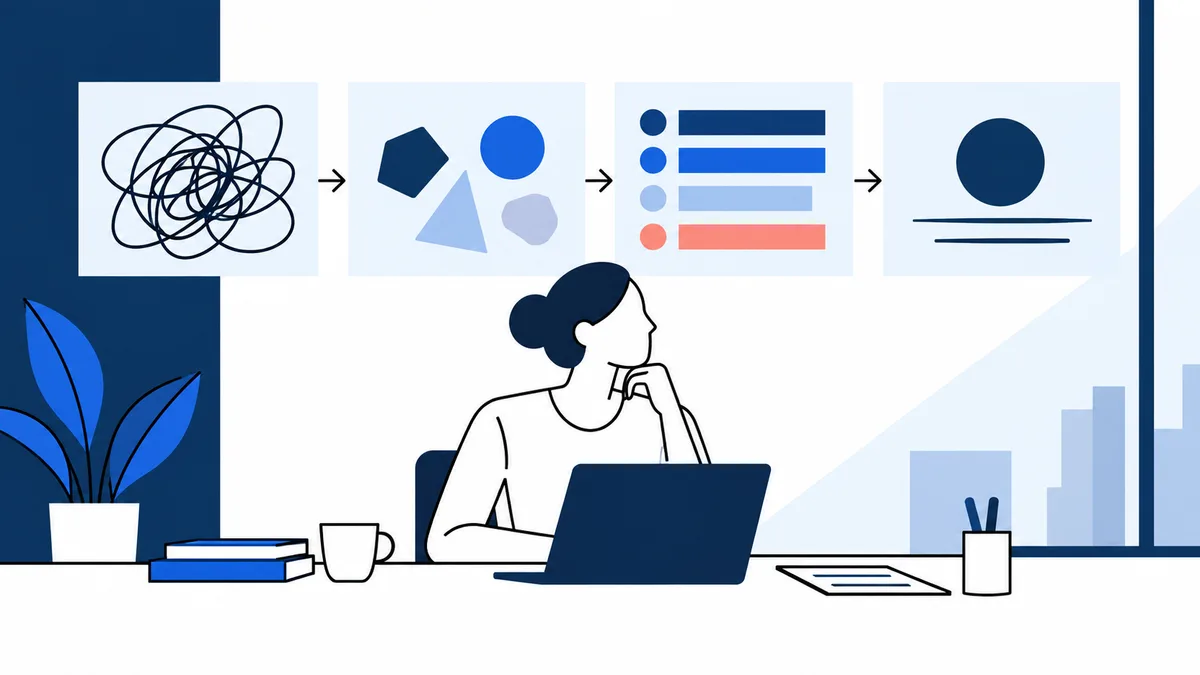 A seated person works at a laptop beneath a sequence of diagrams, from tangled lines to simple shapes, colored bars, and a single dot.