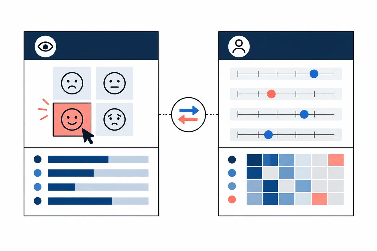 Two interface panels are linked by opposing arrows: the left shows four face icons with one highlighted above colored bars, and the right shows slider scales above a blue and coral grid.