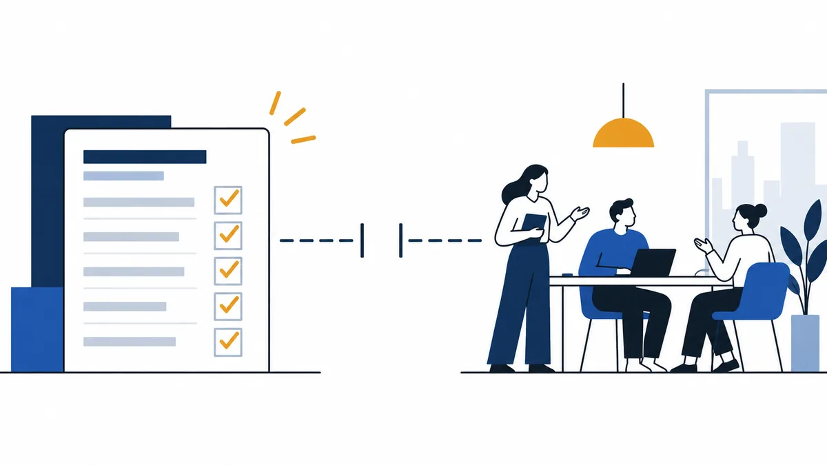 A checklist with orange check marks is linked by a dashed line to three coworkers meeting around a table, one using a laptop.