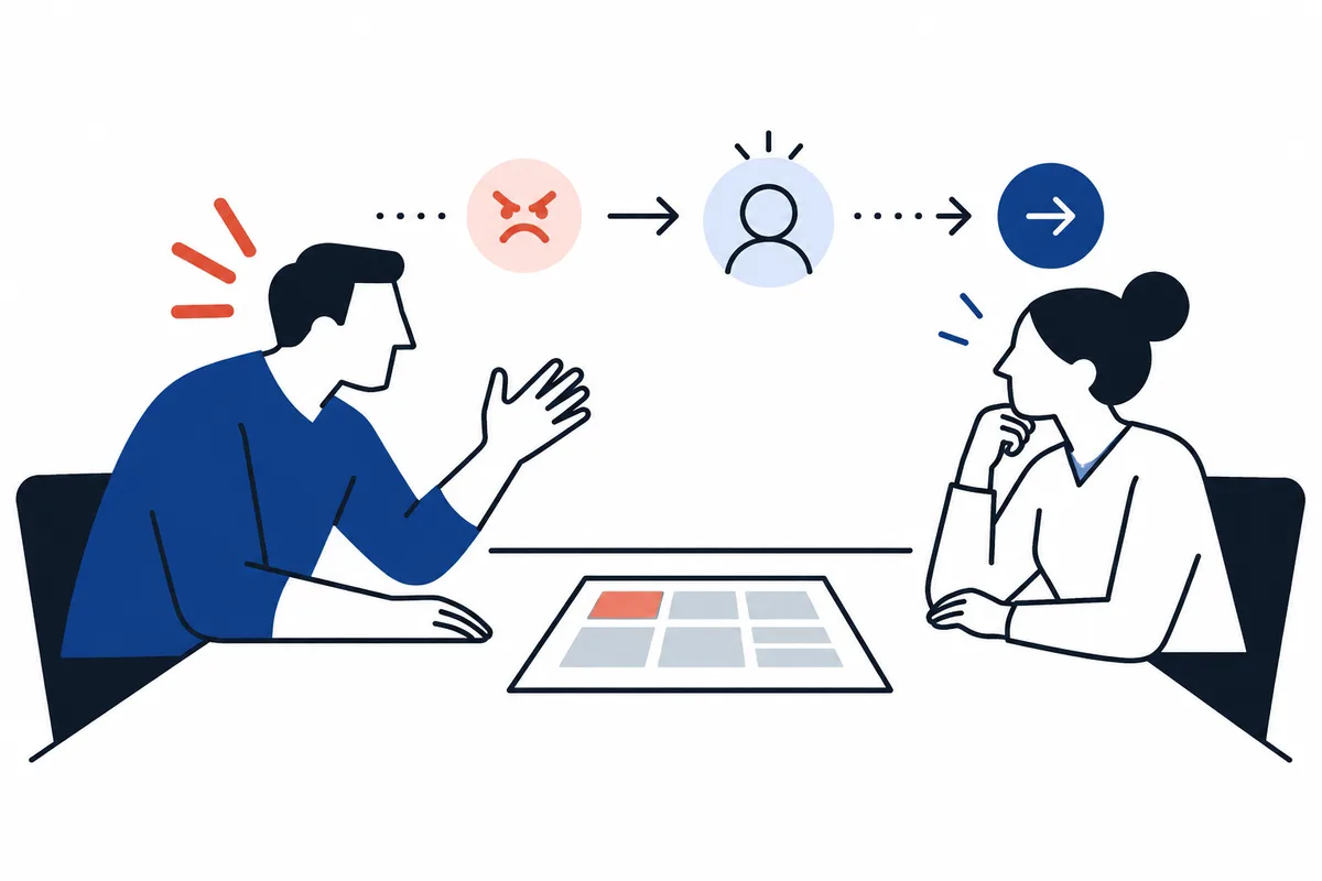 Two people sit across a table; one gestures beside an angry face icon, while arrows point from the icon toward a person outline and a right arrow.