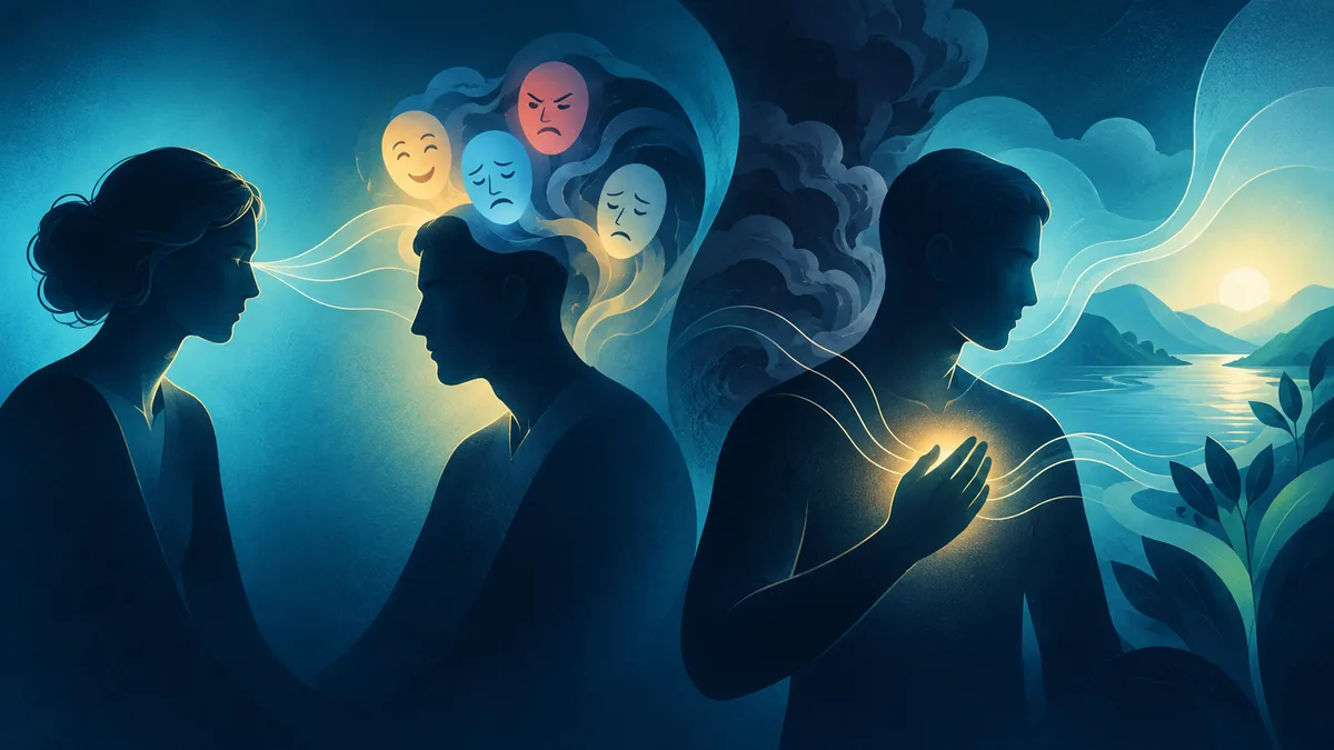 Stylized teal-and-navy illustration of three silhouetted people; colored faces float above the central figure, while glowing lines extend toward a person touching their chest beside a sunlit lake.