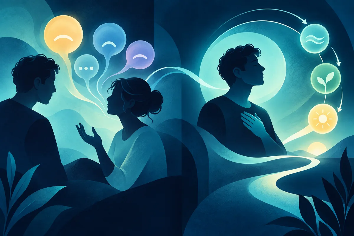 Stylized teal-and-navy illustration of three silhouetted people with colorful speech bubbles and circular icons; a glowing winding path leads toward a person touching their chest.