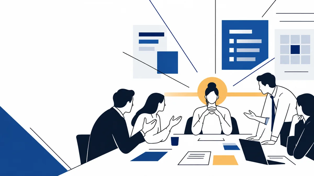 Flat illustration of five people seated around a meeting table, with one person centered and hands clasped; abstract charts and panels appear behind them.