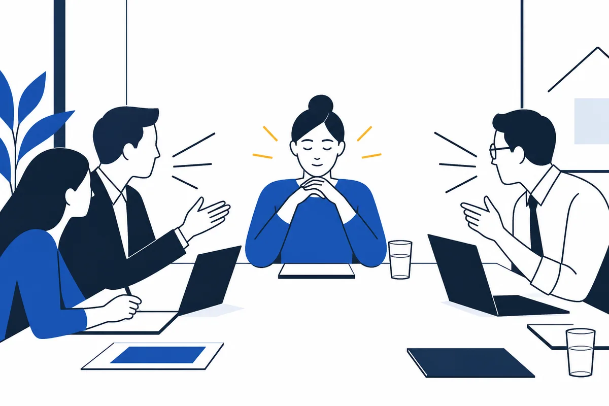 Flat illustration of four people around a meeting table, with the central person sitting eyes closed and hands clasped while two colleagues gesture; laptops and drinking glasses are on the table.