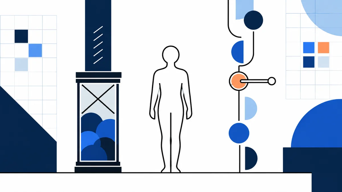 An outlined human figure stands between a framed container filled with overlapping blue circles and a vertical arrangement of blue and orange geometric shapes.