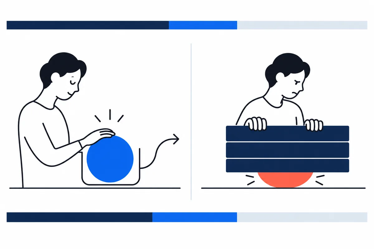 A two-panel illustration shows a person touching a blue ball in an open container on the left and holding down an orange ball beneath stacked dark bars on the right.