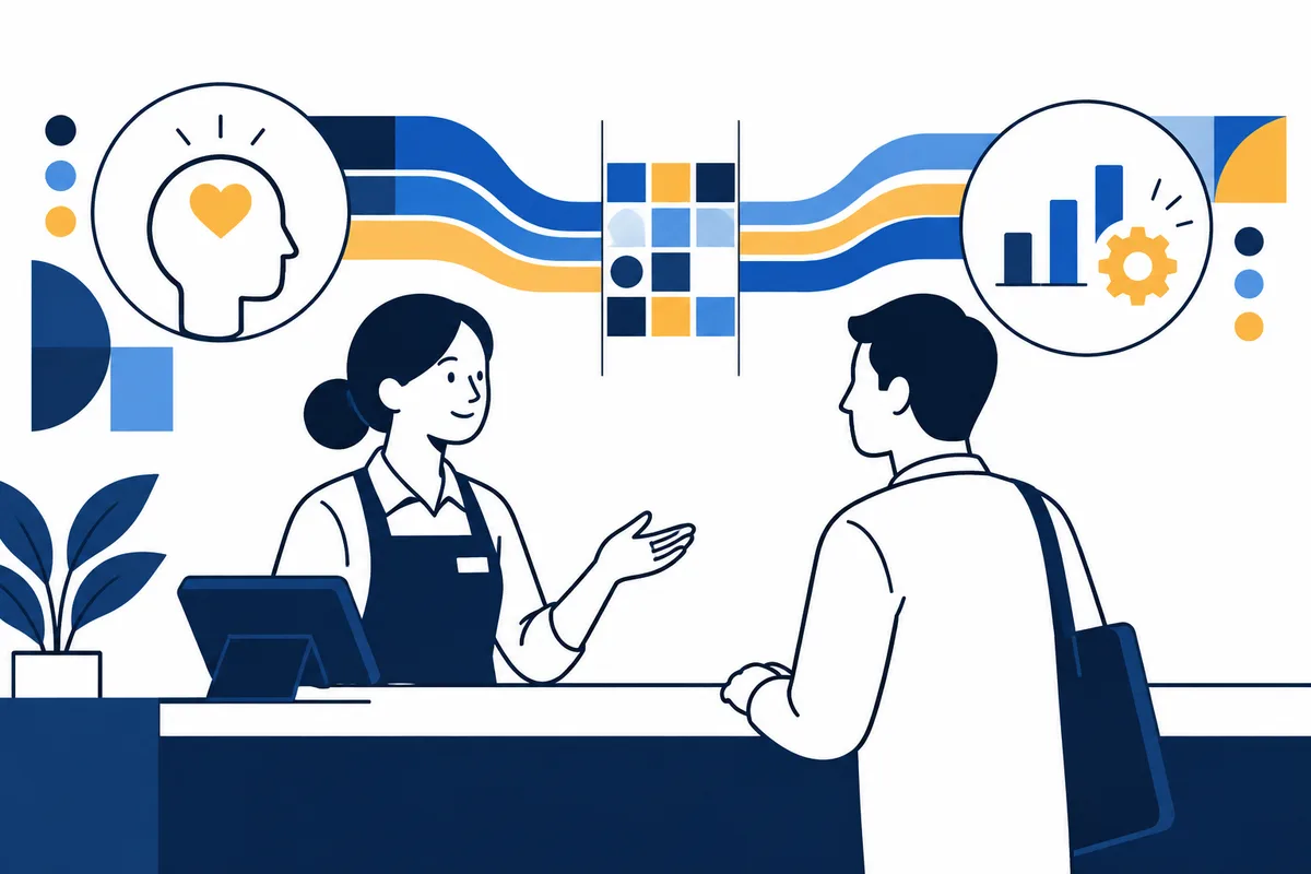 A person behind a counter gestures to another person; above them, a head with a heart, a colored grid, and bars beside a gear are linked by blue and yellow bands.