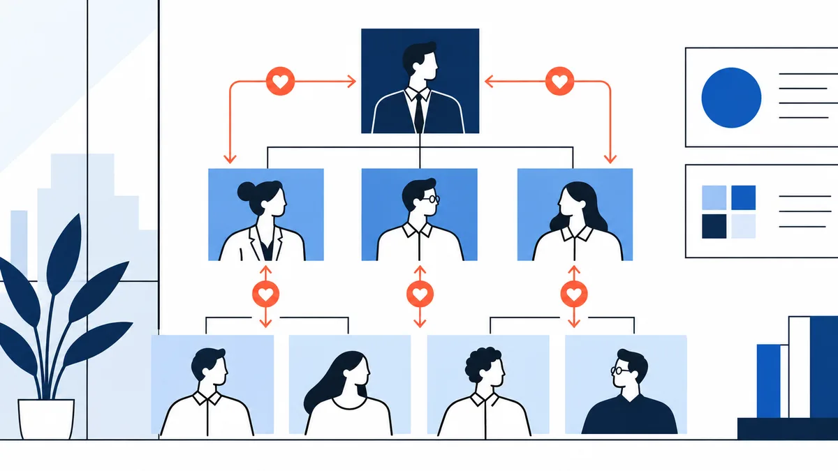 A blue and white organizational chart of illustrated people in three tiers, linked by dark lines and orange arrows with heart symbols; a potted plant and simple charts sit at the sides.