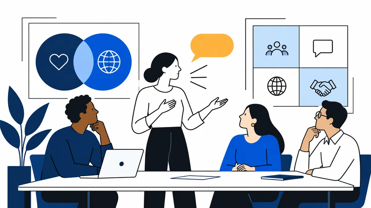 A woman speaks to three colleagues seated around a table. Behind them, diagrams show overlapping circles with a heart and globe, and a grid with people, a speech bubble, a globe and a handshake.
