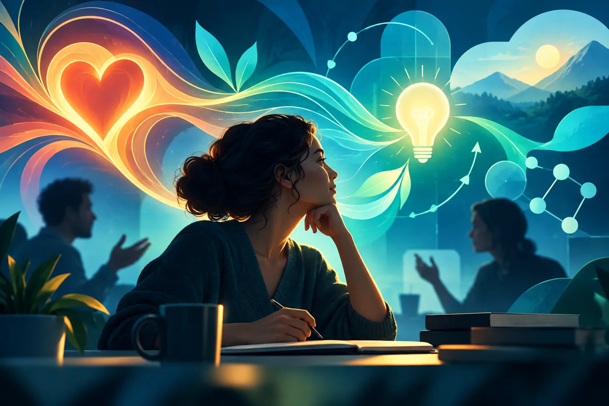 A person writes at a desk beneath a glowing light bulb, with a heart-shaped glow, flowing teal lines, and two blurred figures in the background.