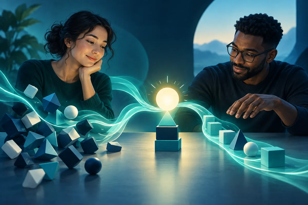 Two people sit at a table facing a glowing light on a small pedestal, surrounded by flowing teal lines and scattered geometric blocks and spheres.