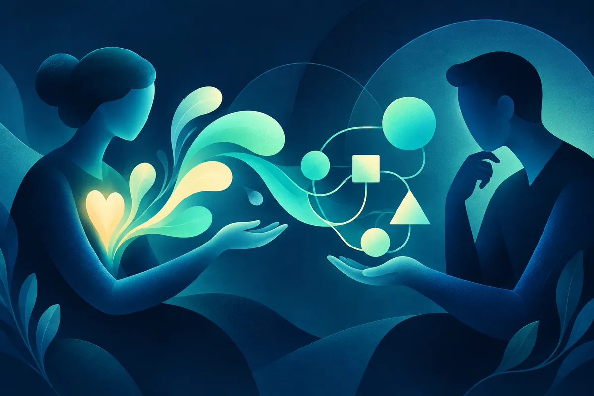 A stylized illustration shows two silhouetted people extending their hands toward connected circles and geometric shapes, with a glowing heart and flowing forms near the left figure.
