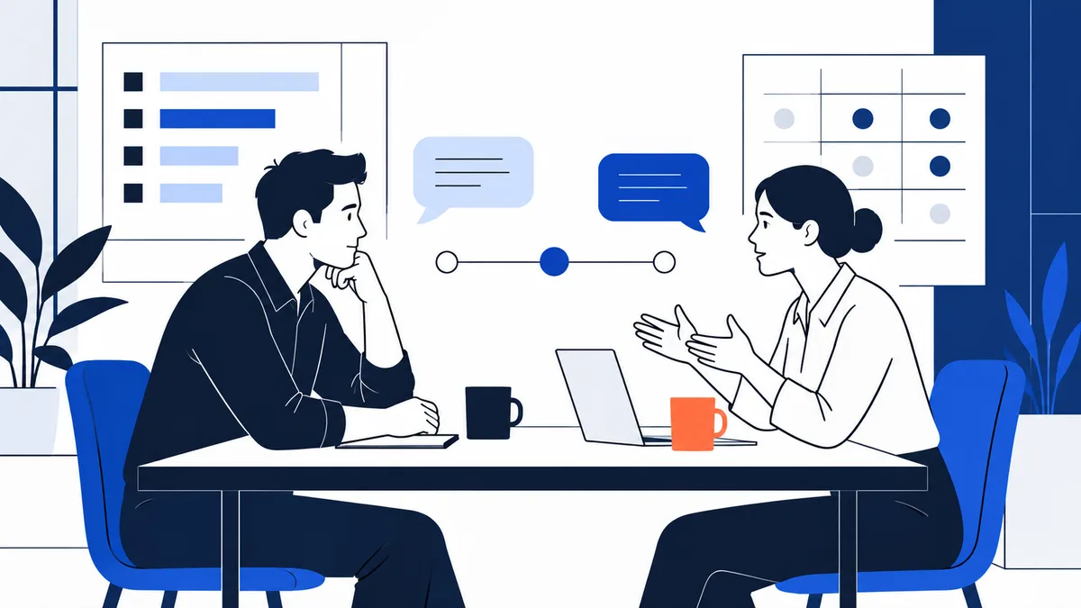 Two people sit across a table in conversation, with speech bubbles, a laptop, and simple chart panels behind them.