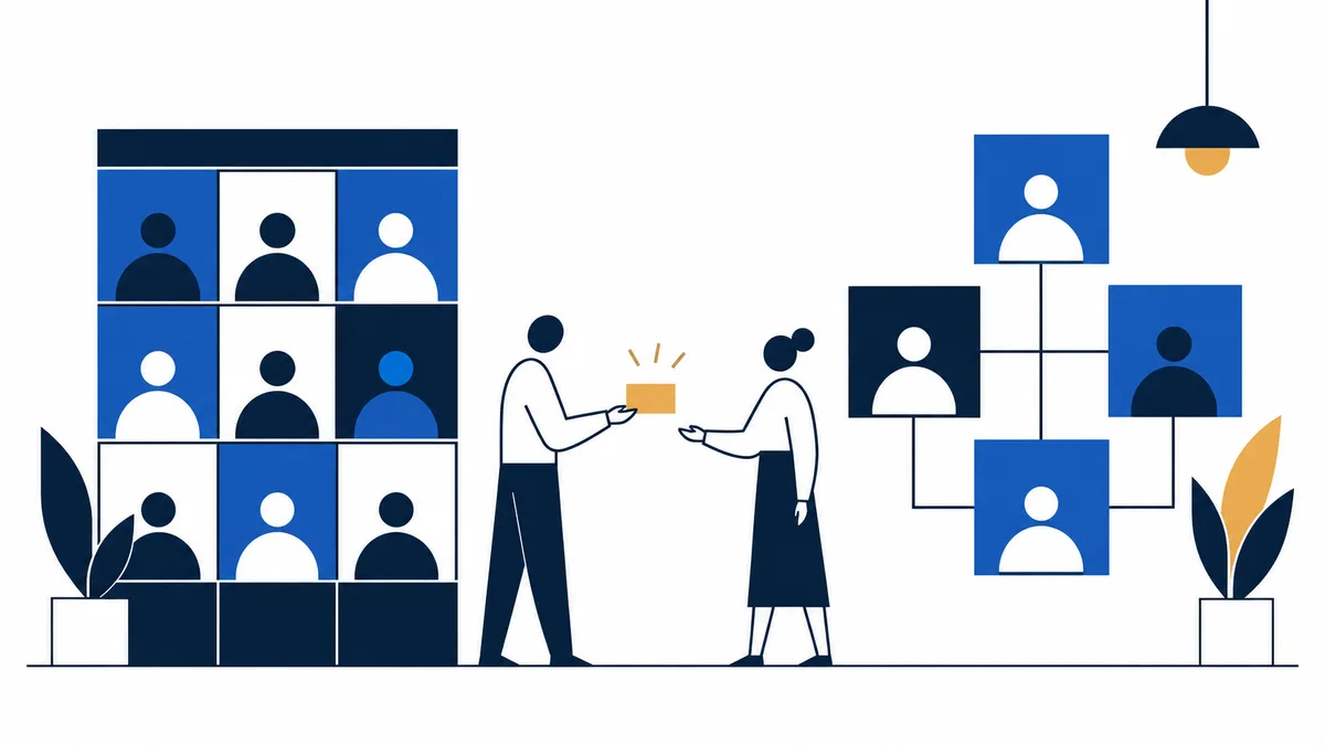 A flat illustration shows two people talking between grids of portrait panels, with small yellow accents and potted plants.