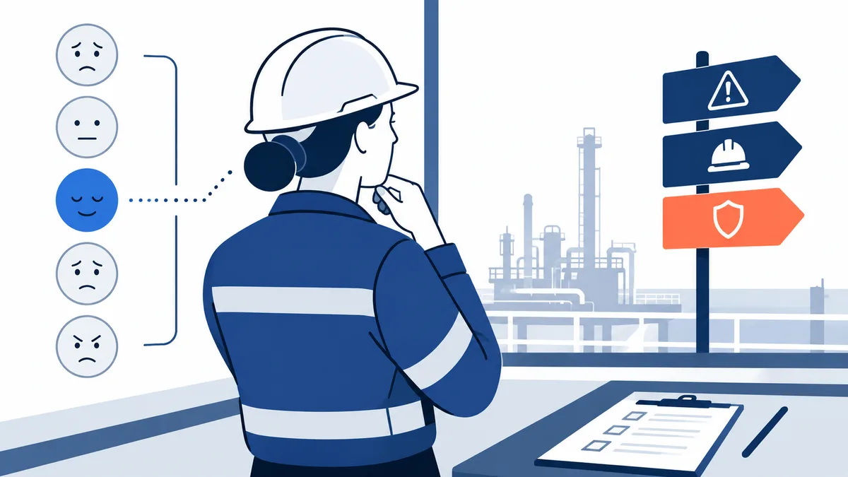 A worker in a hard hat and reflective jacket looks toward a refinery, with a hand at their chin. A row of face icons, three safety-symbol signs, and a clipboard appear nearby.