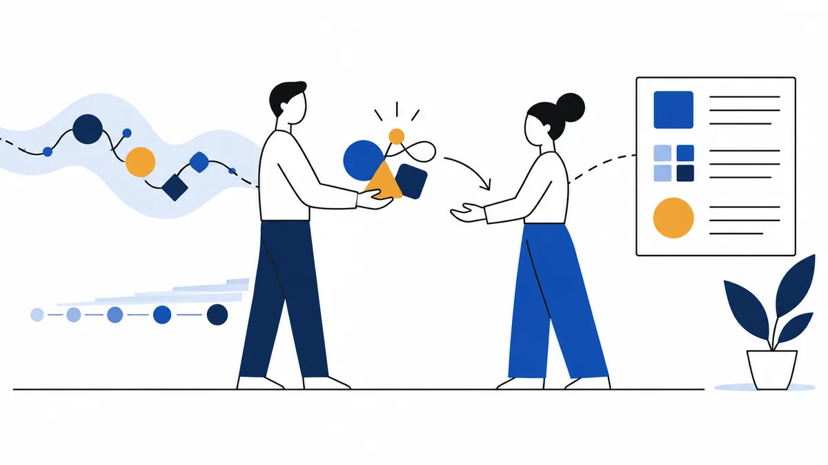 Two people exchange blue and orange geometric shapes, with a dotted path, a small chart panel, and a potted plant nearby.