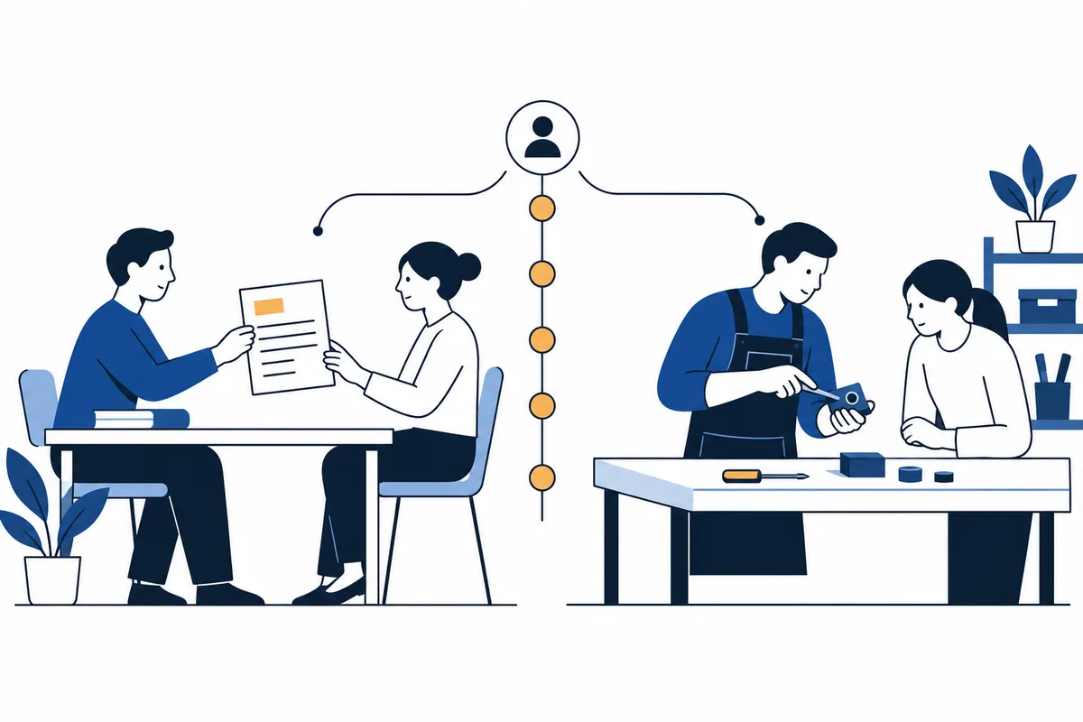 Two pairs of people work at separate desks: one pair reviews a sheet, while the other handles small objects. A vertical chain of dots links to a person icon between them.