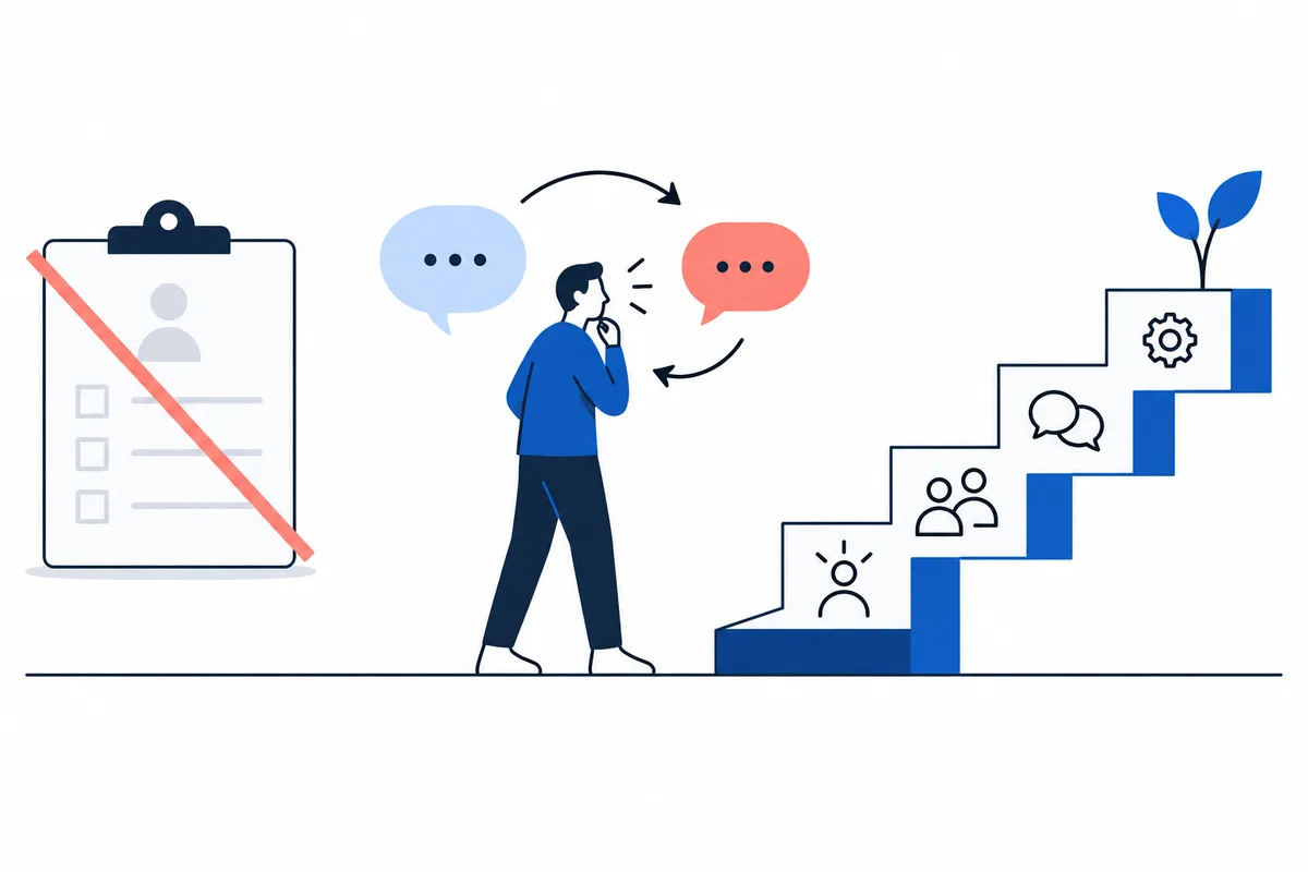 A person stands between blue and coral speech bubbles, a crossed-out checklist, and blue steps with people, conversation bubbles, a gear, and a sprout.