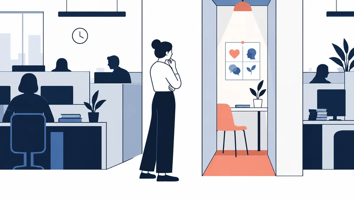 Flat illustration of a divided office, with seated figures at desks, a standing person in the middle, and a small room displaying four colorful symbols on a wall chart.