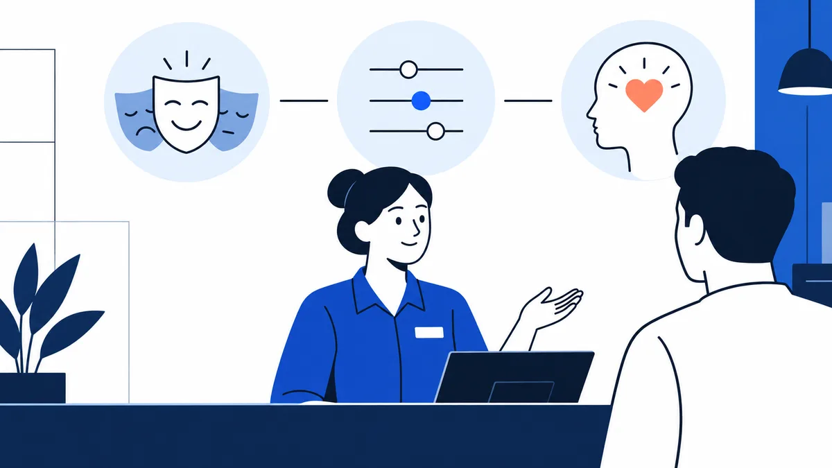 A person in a blue shirt gestures across a counter toward another person, with a laptop and three panels above them showing a smiling mask, slider controls, and a head with a heart.