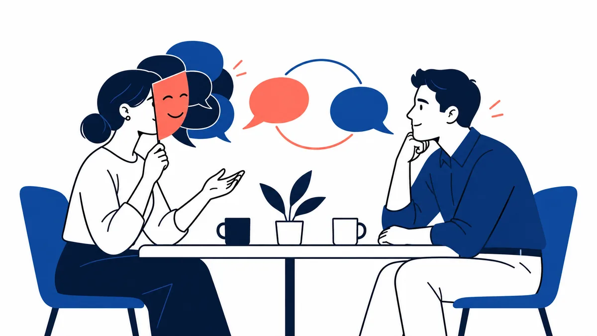Two people sit across a table with cups and a potted plant. One holds a smiling face-shaped mask beside her face, while speech bubbles appear between them.