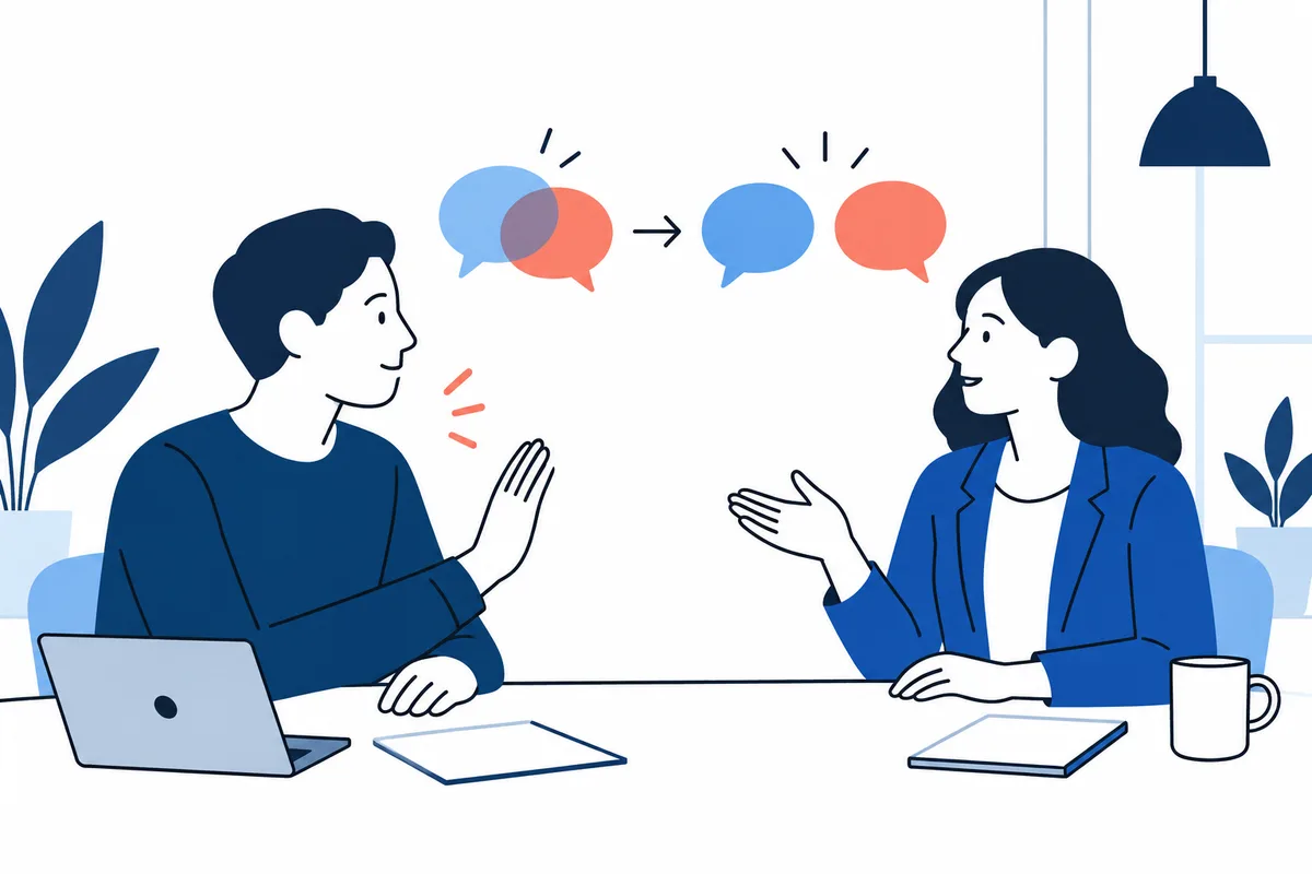 Flat illustration of two people facing each other across a table, with speech bubbles and an arrow between them; a laptop, papers, notebook, mug, plants, and hanging lamp are visible.
