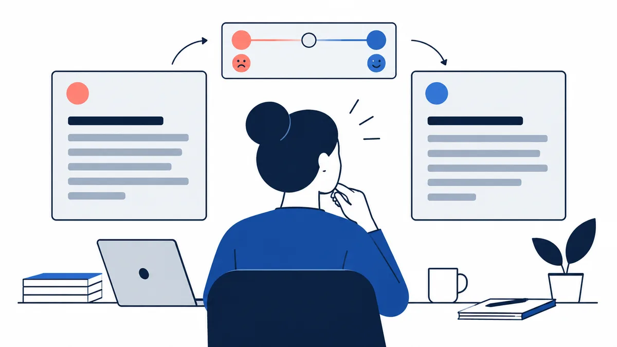 A seated figure at a desk holds a pen beside a laptop. Two panels of horizontal lines flank the figure, with a small face and a red-to-blue slider in a panel above. Books, a mug, and a potted plant sit on the desk.