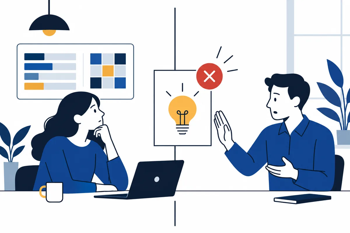 Flat illustration of two people at a desk, one gesturing toward a board with a yellow light bulb and a red X.