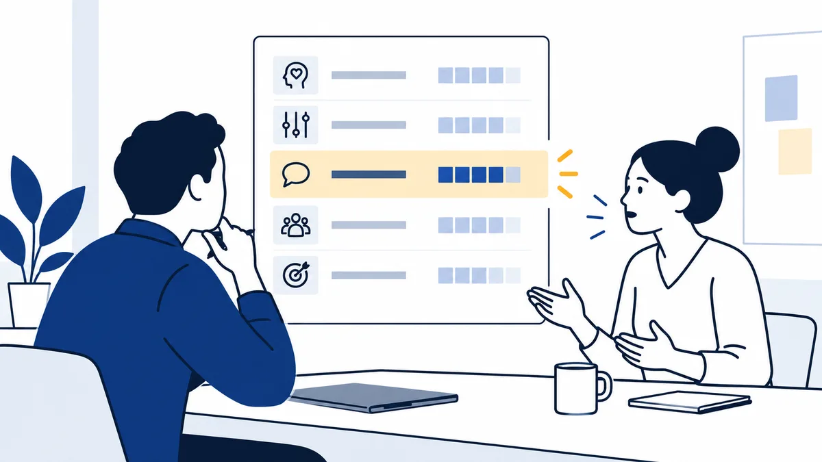 Editorial illustration of two people in a one-to-one conversation, with a small abstract visual cue between them.