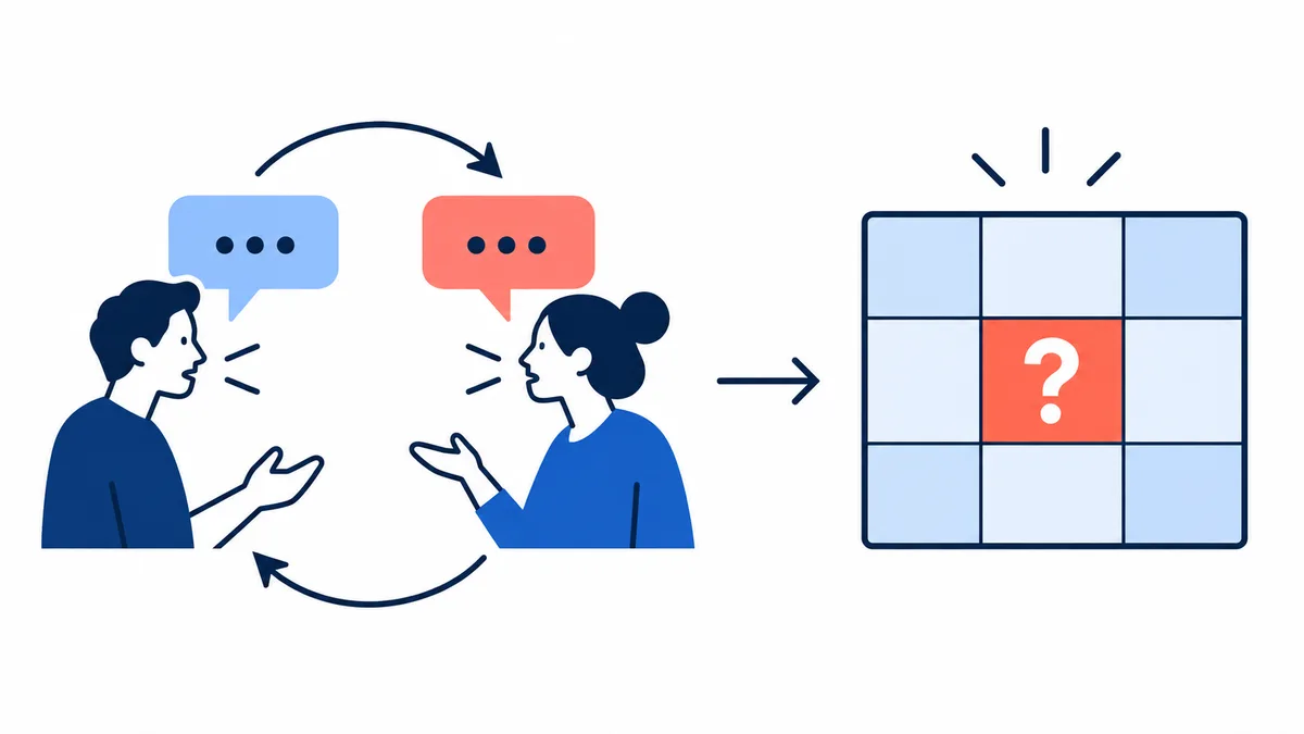 Two figures face each other beneath speech bubbles, with curved arrows looping between them beside a blue grid whose red center square contains a question mark.