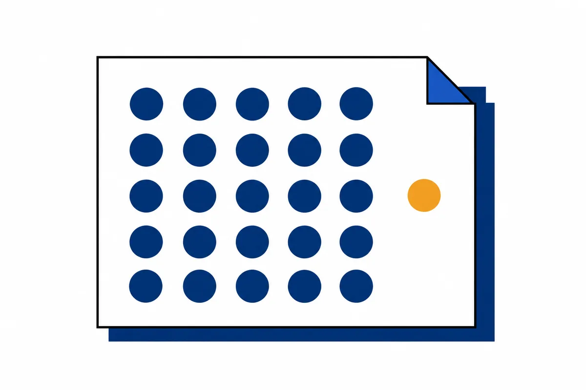 A white sheet with a grid of navy circles and one orange circle, backed by a blue sheet.