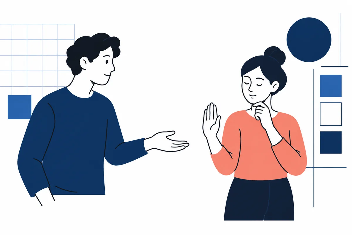 A person extends an open hand toward another, who raises a palm while touching their chin; blue grid lines and color blocks frame the illustration.