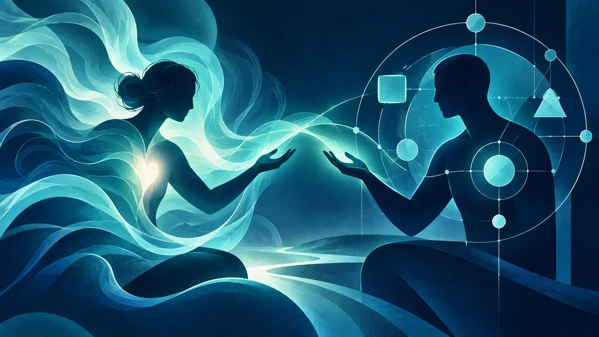 Two silhouetted seated figures face each other with raised hands, surrounded by flowing teal ribbons and geometric circles, squares, and triangles on a dark blue background.