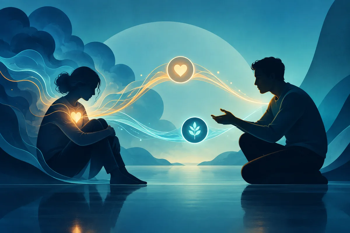 Two silhouetted seated figures face each other beside calm water as glowing lines connect them and pass through a heart symbol and a leaf symbol.
