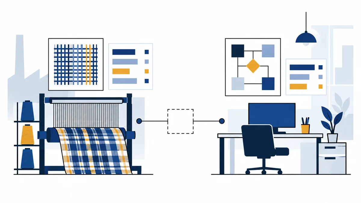 A textile loom weaving blue, white, and gold plaid fabric sits beside an office desk. Two schematic diagrams above the scenes are linked by a dashed line.