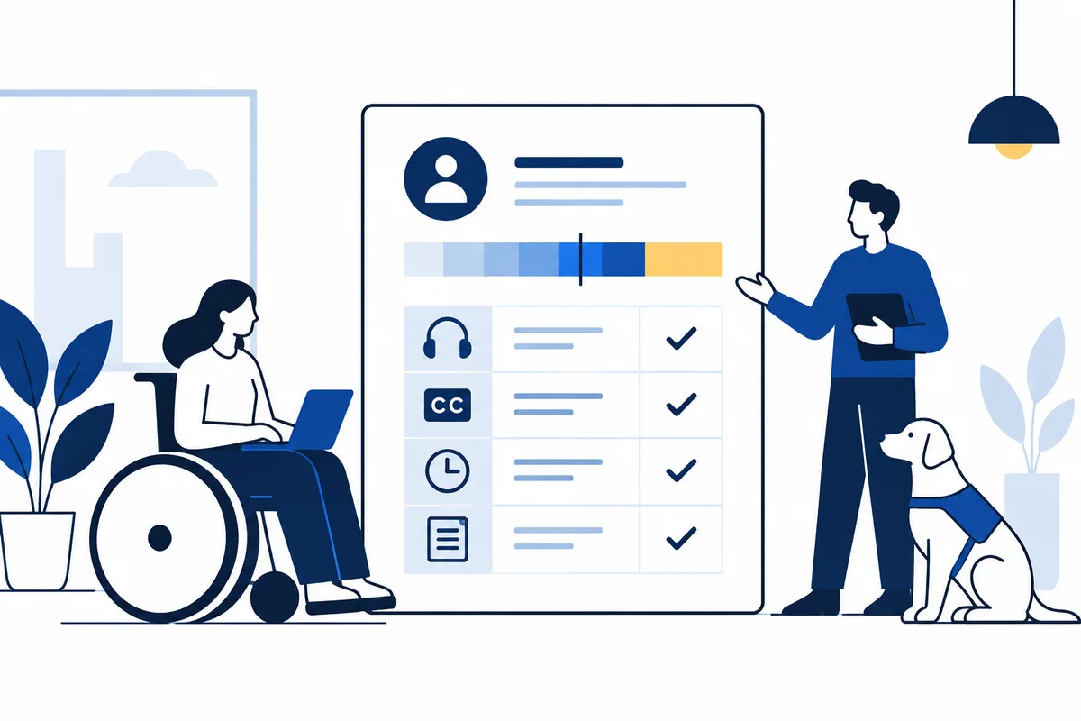 Flat illustration of two people beside a large checklist on a screen, with a segmented color bar and rows showing headphones, closed captions, a clock, and a document with check marks. One person sits at a desk while the other gestures with a laptop.