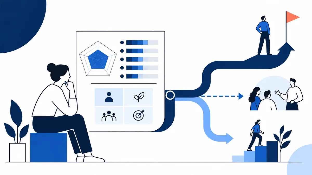 Flat illustration of a seated person beside a report with a polygon chart, bars, and four symbol panels. Blue branching paths lead to a person by an orange flag, a small group in conversation, and a person climbing steps beside a plant.