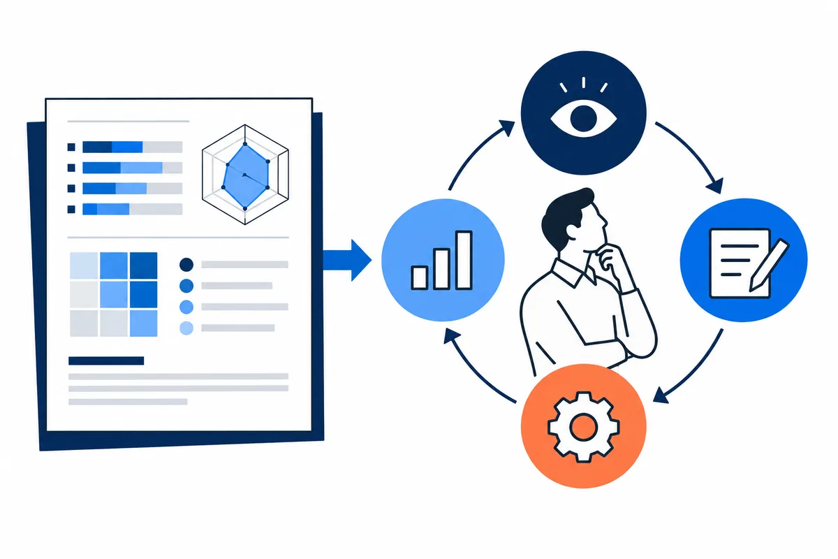 Flat illustration of a report with bars, a polygon chart, a colored grid, and circular markers. An arrow points to a thoughtful person surrounded by circular icons of an eye, bar chart, writing hand, and gear connected by arrows.