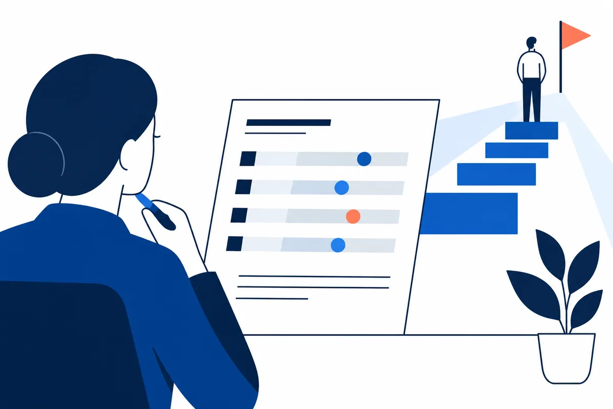 Flat illustration of a person viewed from behind holding a pen beside a report with four bars and colored dots. Blue steps lead to a standing person beneath an orange flag, with a potted plant in the foreground.
