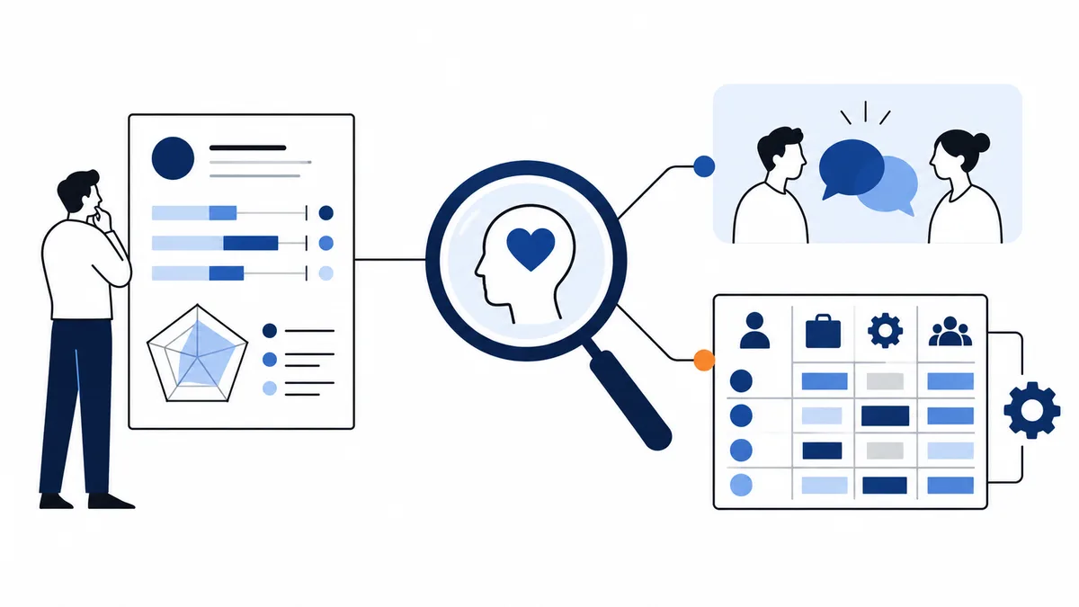 Flat illustration of a person beside a report, a magnifying glass over a profile with a heart, speech bubbles between two people, and a grid with people, briefcase, gear, and group icons.