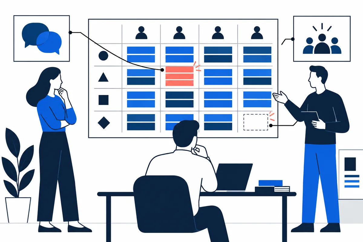 Flat illustration of three people examining a large grid of blue bars with one red highlighted cell, speech bubbles, and a group icon.