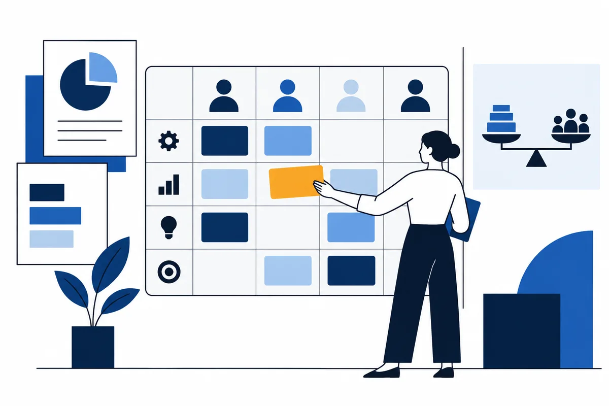 Flat illustration of a person placing an orange card on a grid, with a pie chart, colored bars, a potted plant, and a balance scale with stacked blocks.