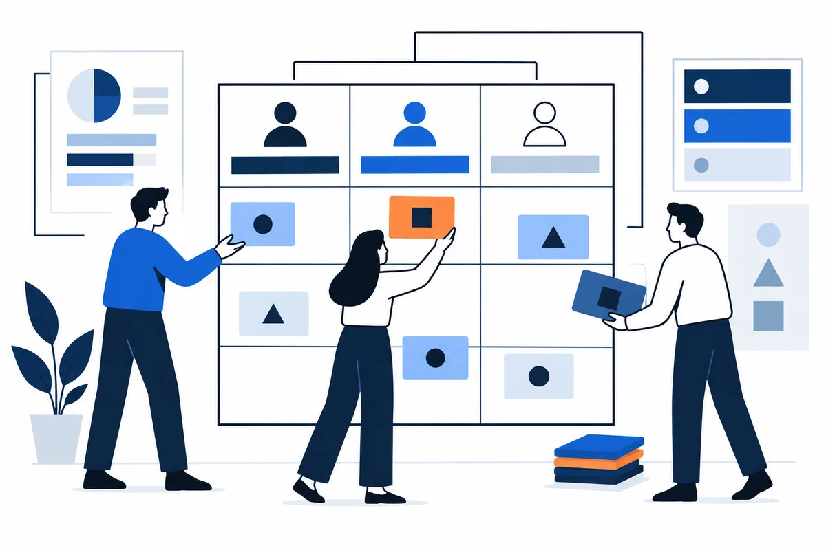 Flat illustration of three people arranging colored cards on a large grid with profile icons, alongside charts, a potted plant, and a stack of books.