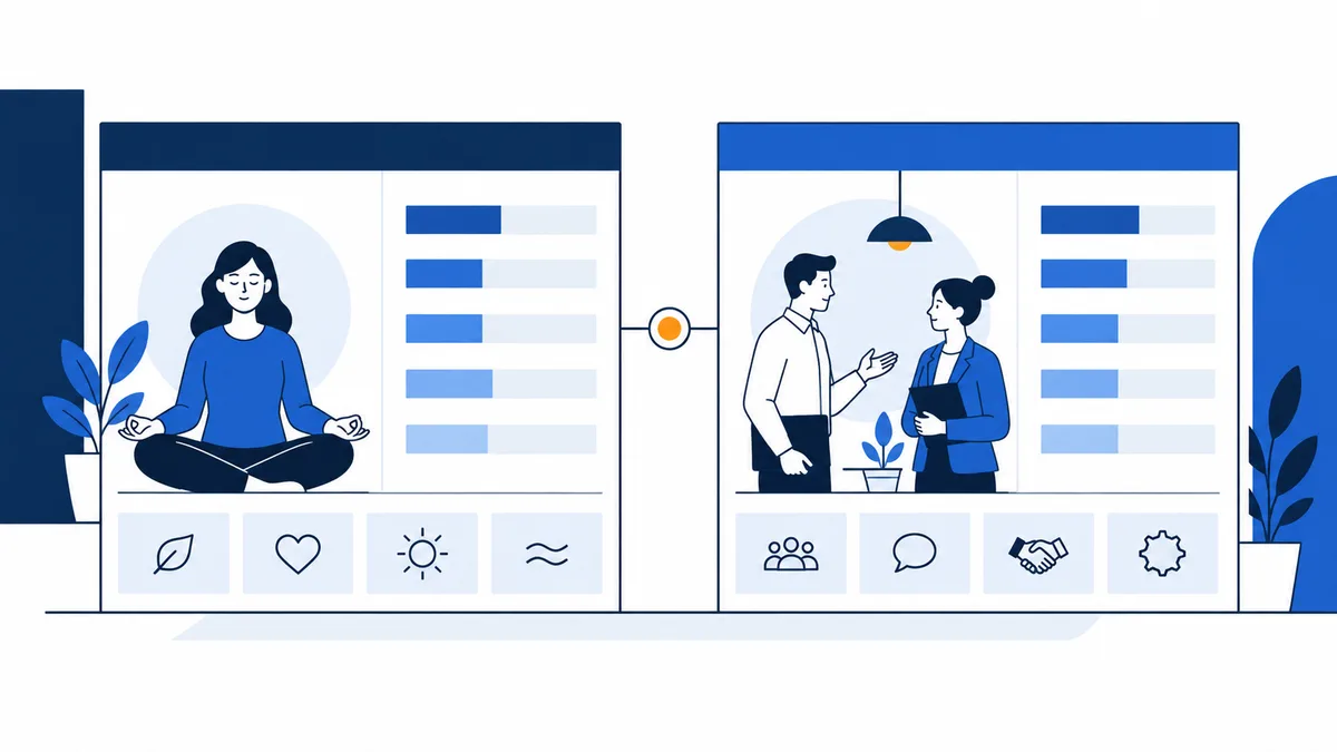 Two blue-and-white panels show a seated person beside horizontal bars and leaf, heart, sun, and wave icons, and two people talking beside bars and group, speech, handshake, and gear icons.