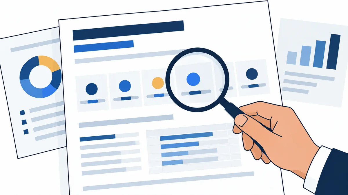 A hand holds a magnifying glass over a row of colored dots on a report page, with a circular chart and bar chart on nearby sheets.