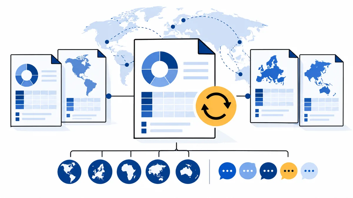 Several report pages with charts and regional maps sit beneath a world map, linked by dotted lines; a circular refresh symbol appears above a row of globe and speech-bubble icons.