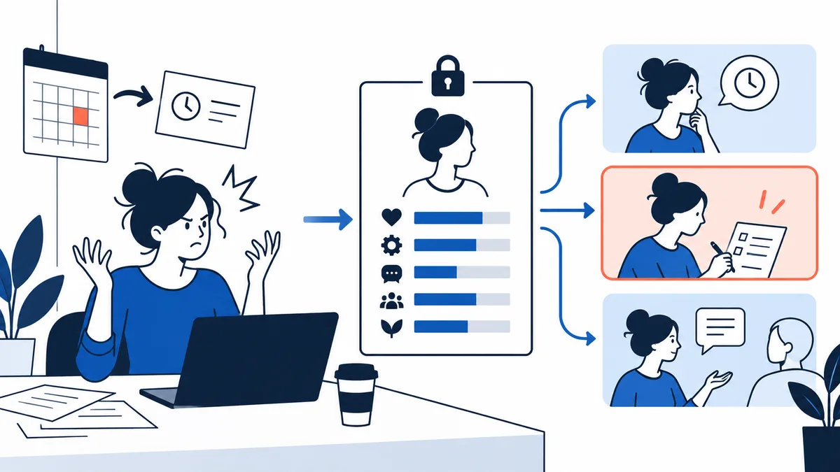 A woman at a desk gestures beside a calendar and clock. Arrows lead to a locked profile card with icon rows and blue bars, then to three scenes of thinking, writing on a checklist, and talking.