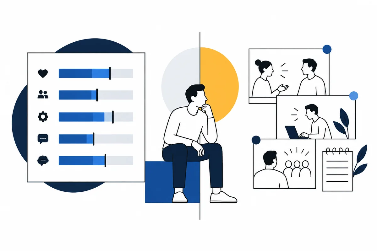 Illustration of a seated person between a panel of horizontal bars and framed scenes of people talking, working, and being observed.